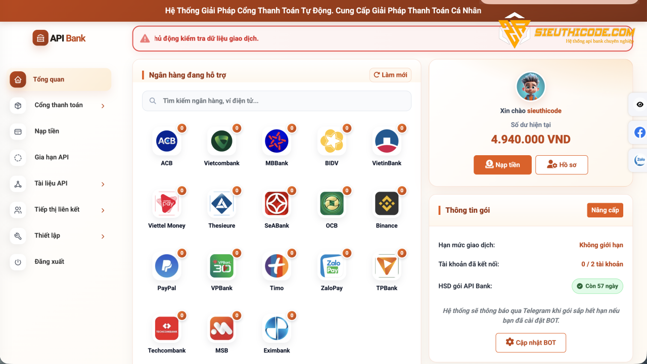 Mã Nguồn Cho Thuê API Bank – Tích Hợp 18 Ngân Hàng & Ví Điện Tử