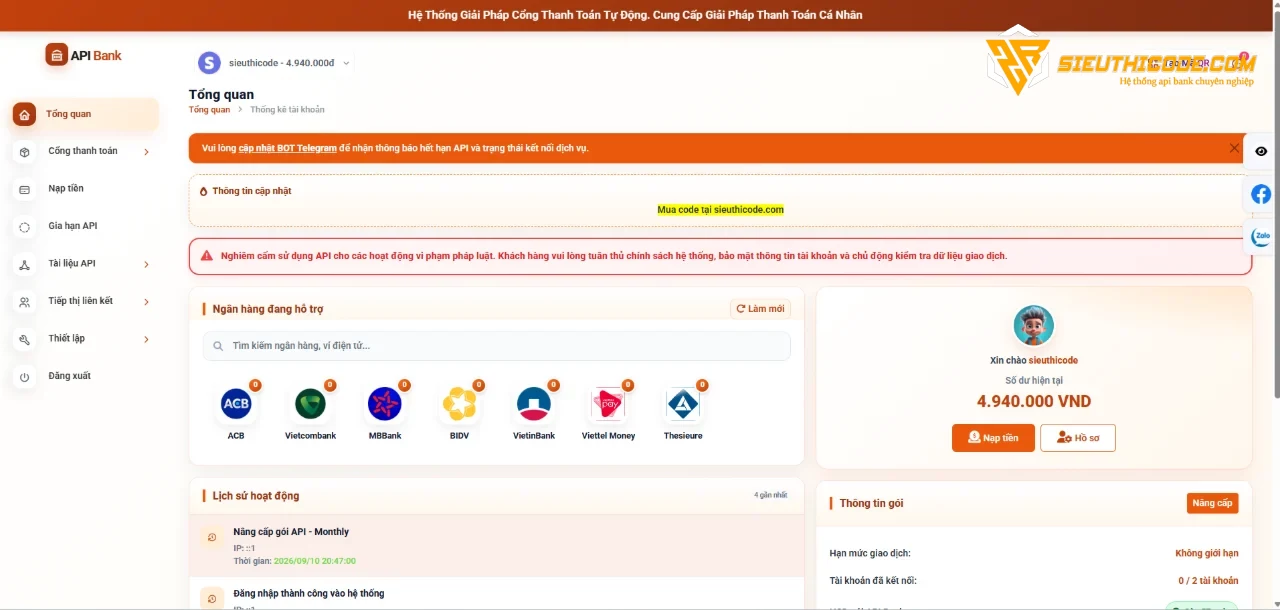 Mã Nguồn Cho Thuê API Bank – Tích Hợp 7 Ngân Hàng & Ví Điện Tử